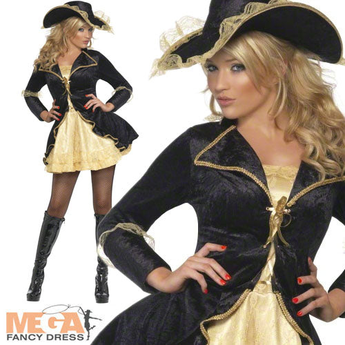 Ladies Fever Swashbuckler Pirate Black and Gold Fancy Dress Costume + Hat