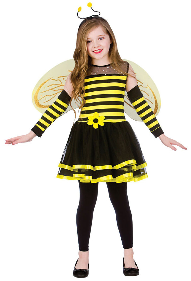 Girls Bumblebee + Wings Fancy Dress Insect Animal Bee Costume
