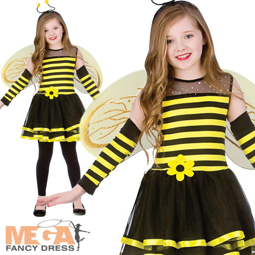 Girls Bumblebee + Wings Fancy Dress Insect Animal Bee Costume