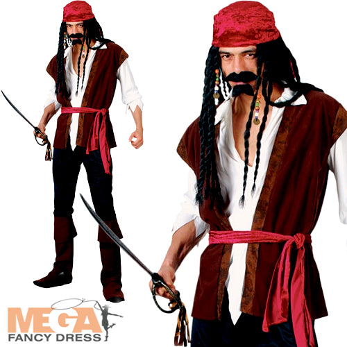 Men's Buccaneer Caribbean Pirate + Bandana Fancy Dress Book Day Costume