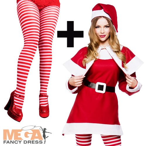 Ladies' Mrs Santa Claus + Red & White Striped Tights