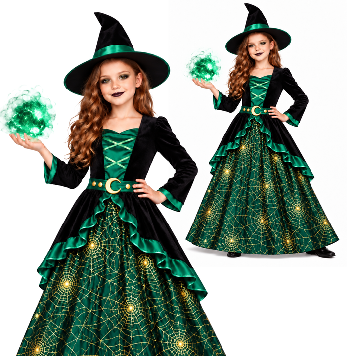 Girls Deluxe Green Witch Halloween Fancy Dress Costume