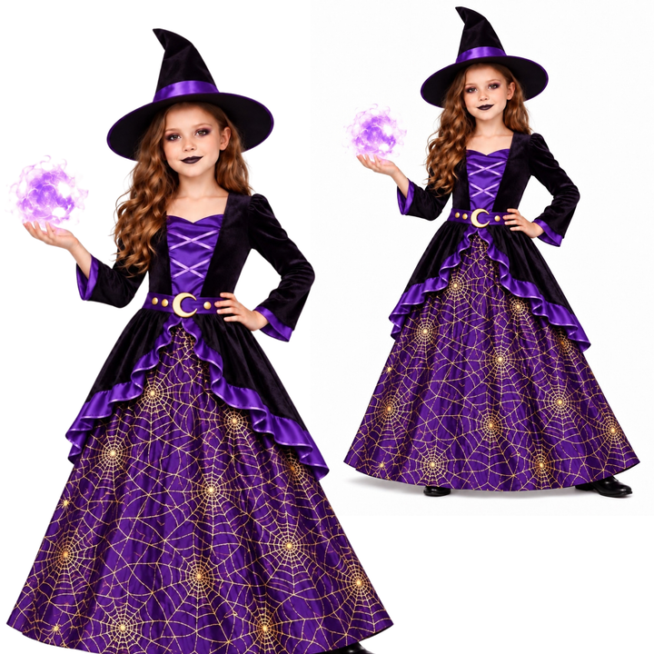 Girls Deluxe Purple Witch Halloween Fancy Dress Costume