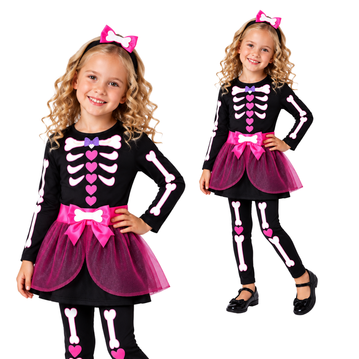 Girls Pretty Bones Skeleton Fancy Dress Costume,