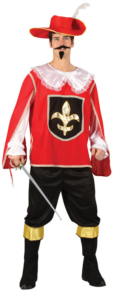 Men's Medieval French Red Musketeer + Hat Fancy Dress Costume