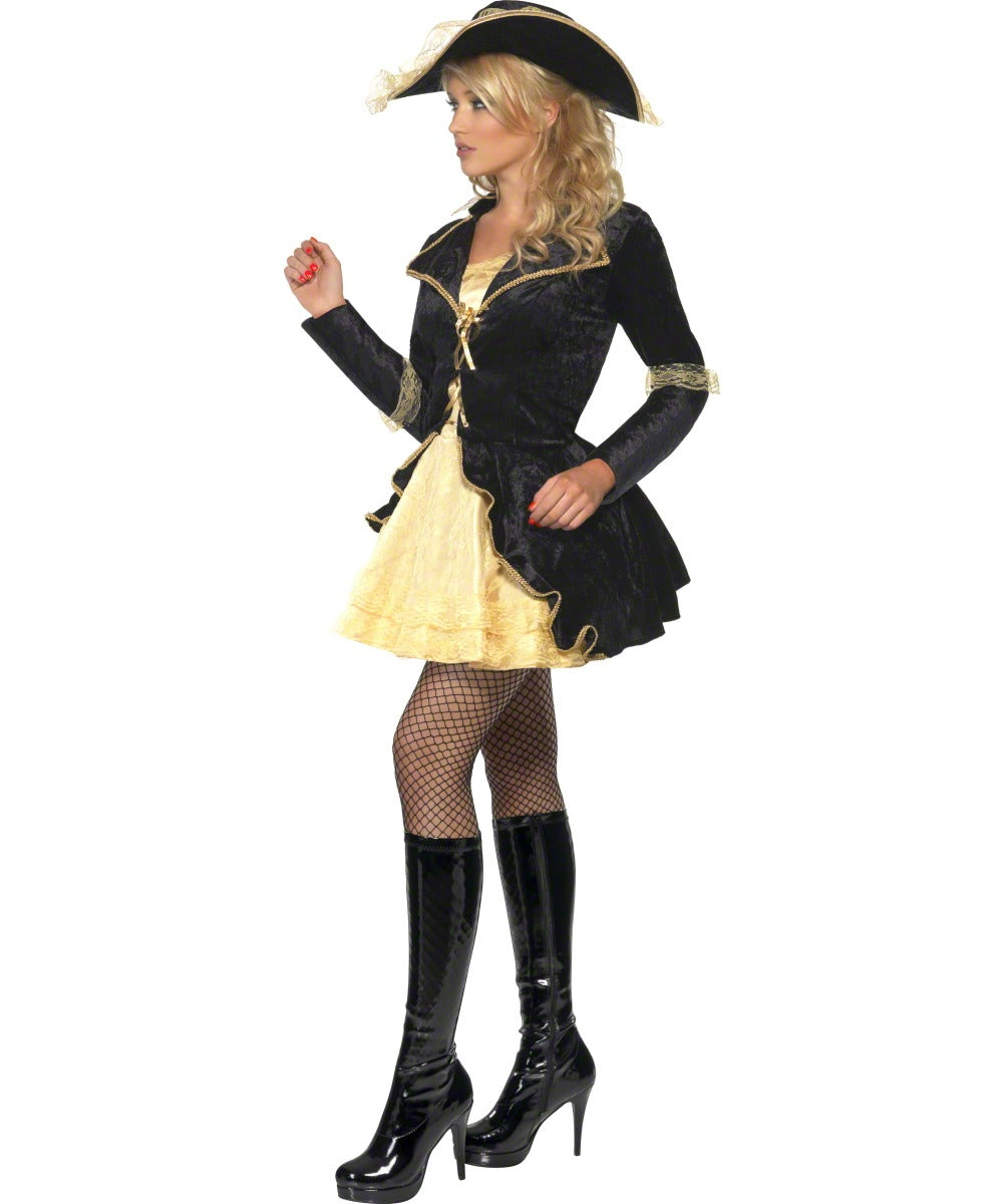 Ladies Fever Swashbuckler Pirate Black and Gold Fancy Dress Costume + Hat