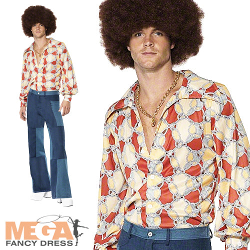 Mens Disco Flares + Shirt Fancy Dress 70s Seventies Costume Outfit