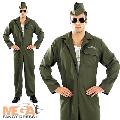 Men's Military Pilot Jumpsuit Fancy Dress Army Air Force Costume