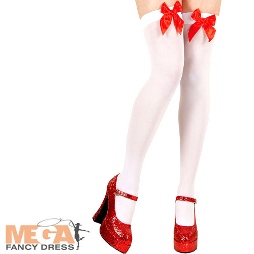 White Thigh Highs with Red Bow Ladies Costume Accessory