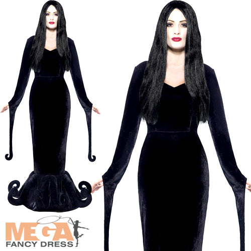 Abito Da Donna Morticia Addams Halloween – Vestito Lungo In Velluto Con Scollo A V Profondo E Maniche A Campana, Taglie S-3XL - 2