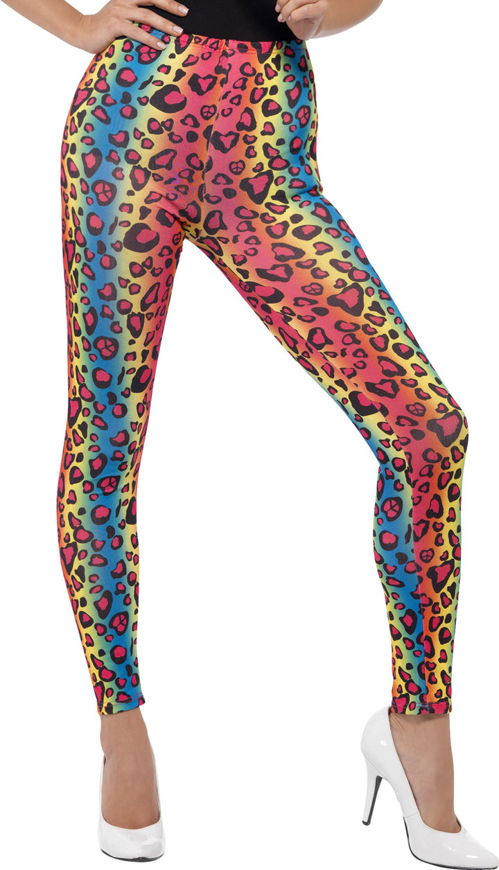 Ladies Neon Rainbow Leopard Print Leggings Fancy Dress Animal Costume Accessory