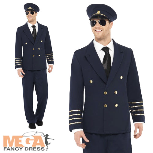 Men's Airline Pilot Captain Navy Blue Uniform Fancy Dress Officer Costume