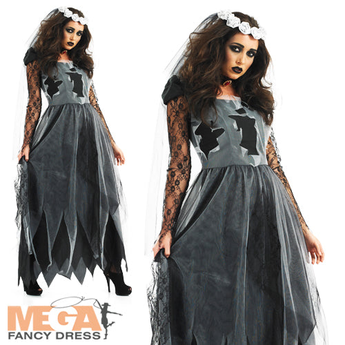 Ladies Black Corpse Bride Halloween Fancy Dress Costume