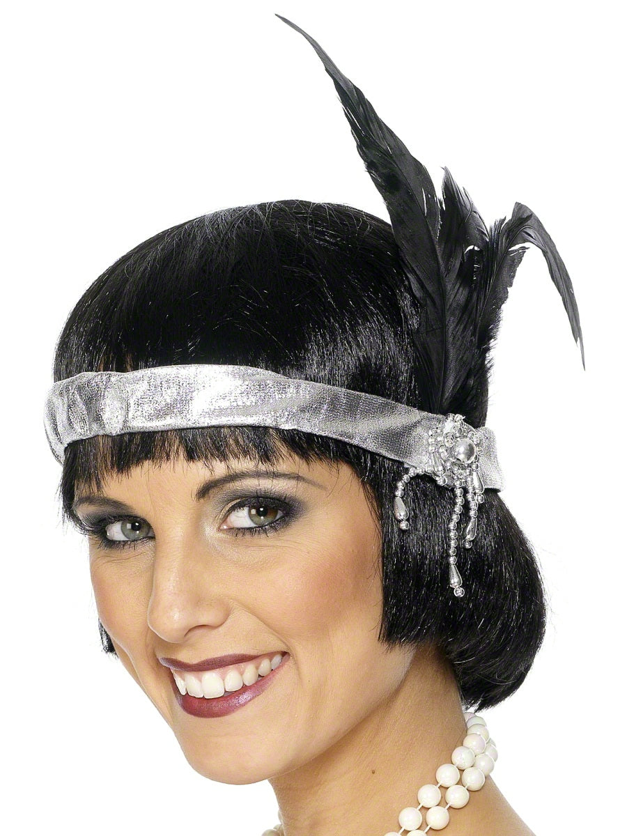 Silver Satin Charleston Headband with Black Feather and Jewel