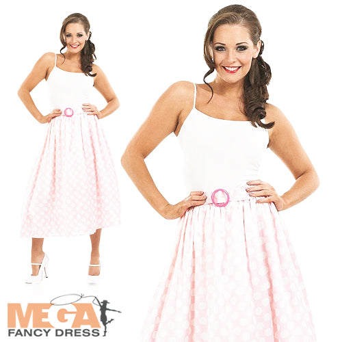 Ladies Pink Polka Dot Skirt 50's Rock n Roll Fancy Dress 1950s Costume