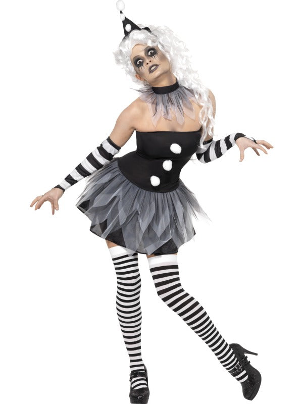 Ladies Pierrot Jester Clown Halloween Circus Fancy Dress Costume
