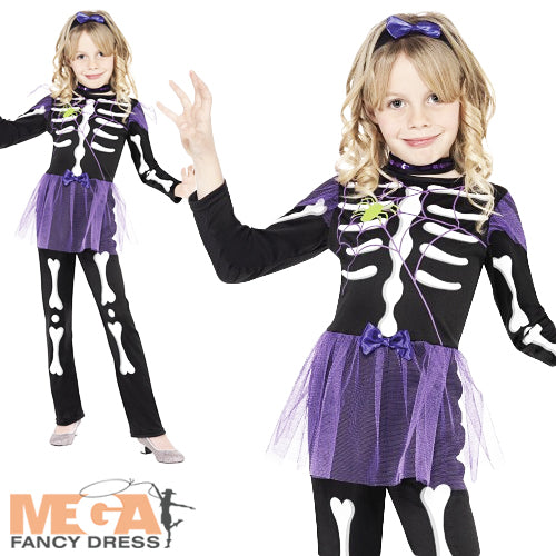 Girls Halloween Punk Skellie Skeleton Fancy Dress Costume