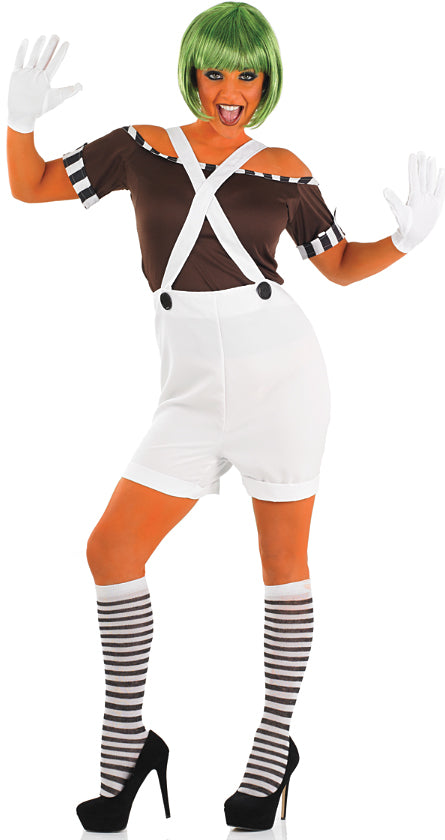 Ladies Sexy Factor Worker Oompa Loompa Book Day Costume + Wig