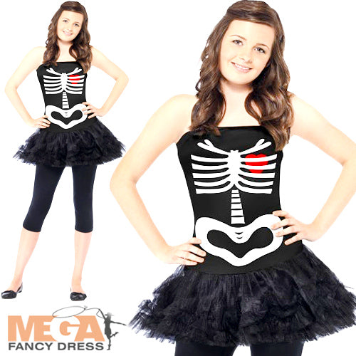 Girls Skeleton Tutu Dress Spooky Bones Halloween Fancy Dress Costume