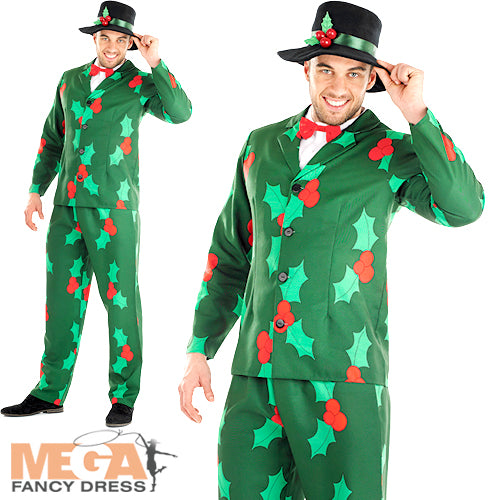 Mens Christmas Holly Festive Suit Costume + Hat