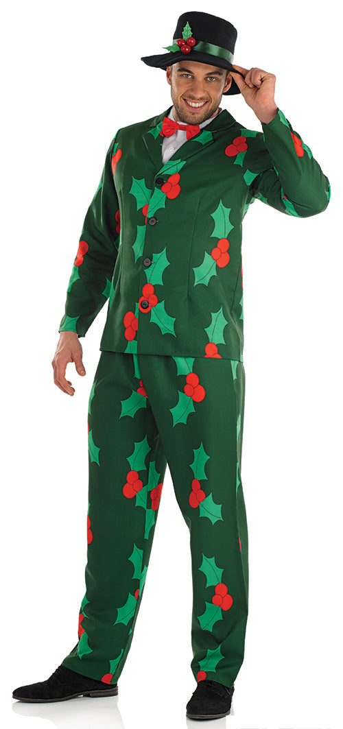 Mens Christmas Holly Festive Suit Costume + Hat
