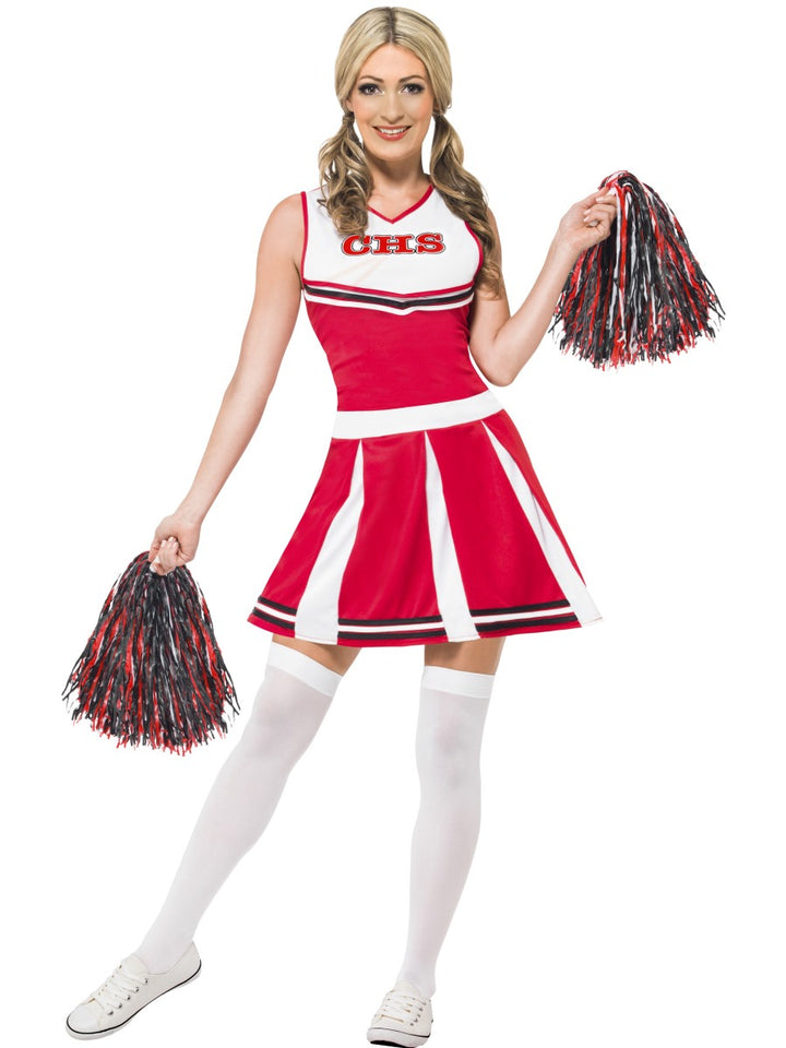 Ladies Cheerleader Sports Uniform Costume + Pom Poms