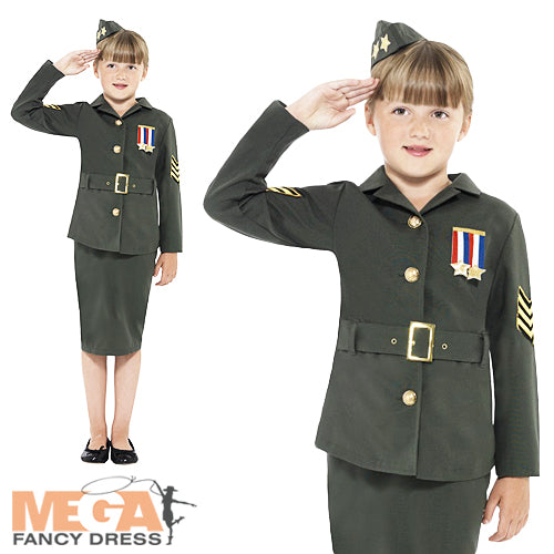 Kids Army Girl + Hat Fancy Dress Military 1940s Uniform Costume