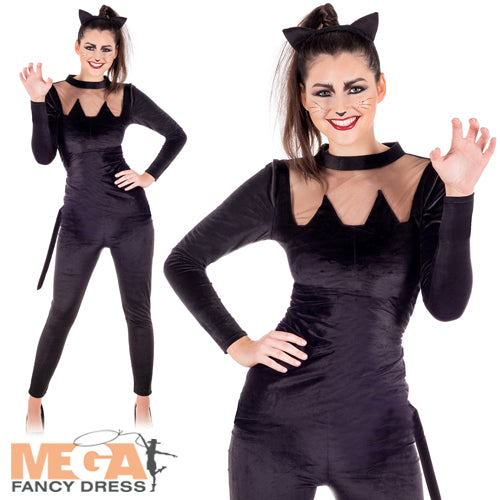 Ladies Black Cat Fancy Dress Witches Kitty Halloween Animal Costume