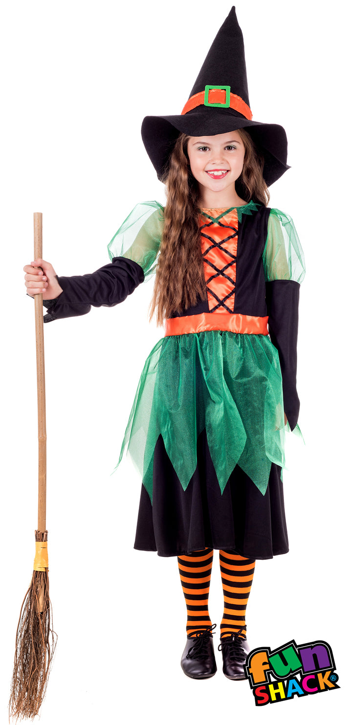 Girls Green Wicked Witch Halloween Witches Costume + Hat
