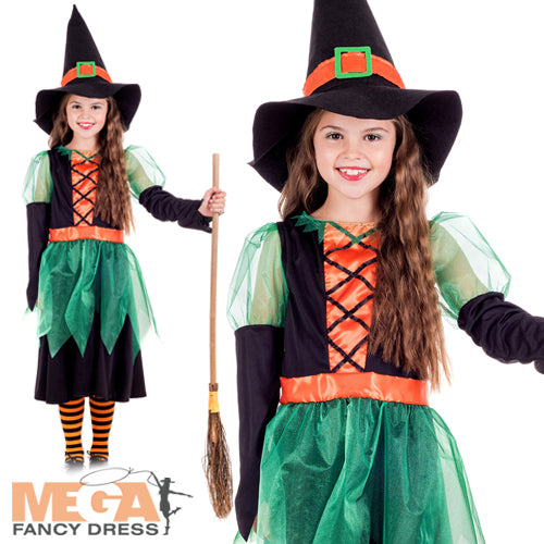 Girls Green Wicked Witch Halloween Witches Costume + Hat