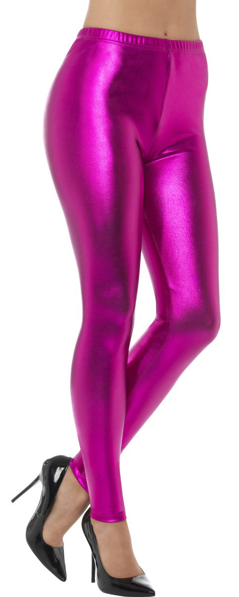 80s Pink Metallic Disco Leggings for Ladies