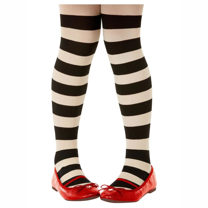 Girls Black and White Striped Tights Costume Accessory (Age 6-12)