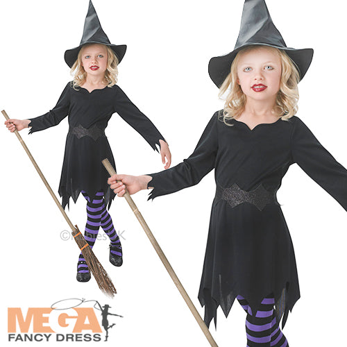 Girls Sorceress Witch + Hat Halloween Fancy Dress Costume