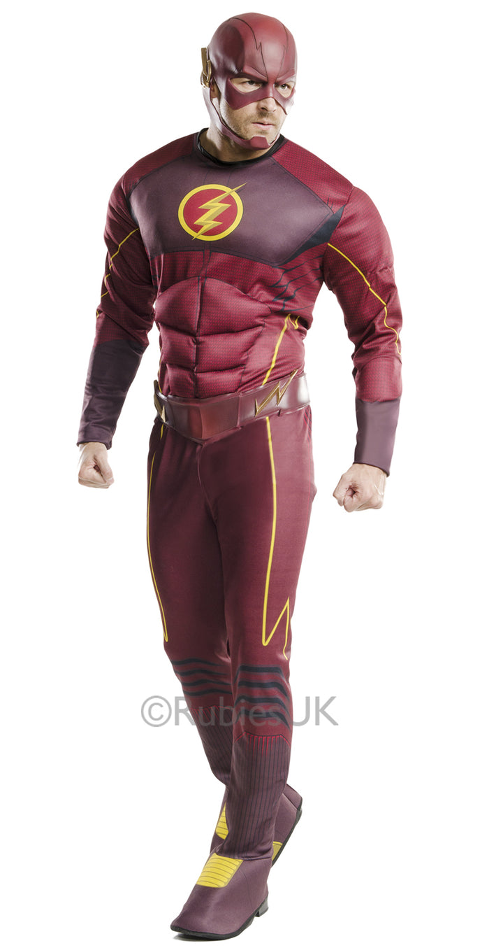 Men's Deluxe The Flash Fancy Dress Muscle Superhero Comic Costume
