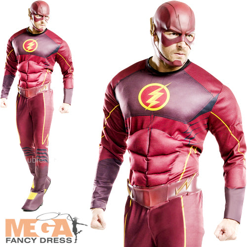 Men's Deluxe The Flash Fancy Dress Muscle Superhero Comic Costume