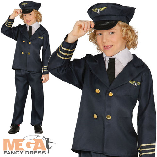 Boys Pilot Fancy Dress Airplane Captain Uniform Book Day Costume