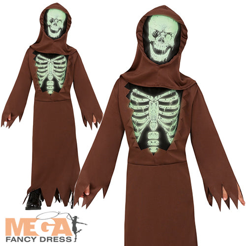 Boys Skeleton Robe Skull Reaper Halloween Horror Fancy Dress Costume