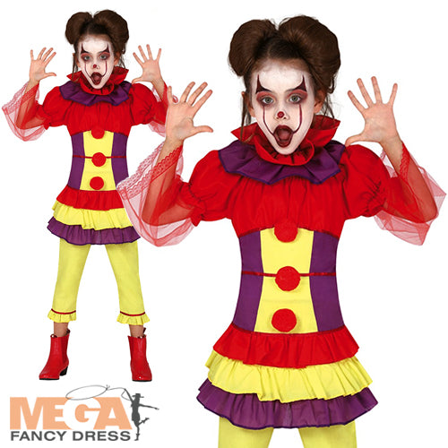Girls Vintage Clown Circus Joker Halloween Fancy Dress Costume