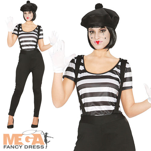 Ladies French Circus Clown Act Mime Fancy Dress Costume