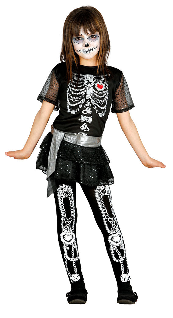 Girls Shiny Skeleton Fancy Dress Halloween Day Of The Dead Costume