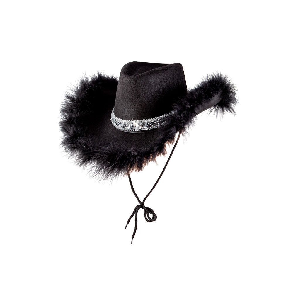 Black Cowboy Hat with Feathers & Sequins
