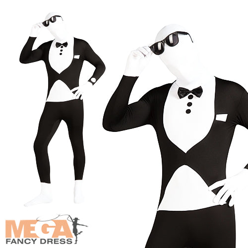 Mens Tuxedo 2nd Skin Lycra Bodysuit James Bond Fancy Dress Costume