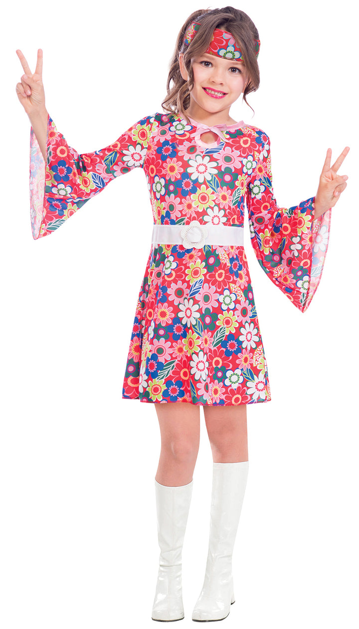 Girls Miss 60s Hippie Peace Fancy Dress Costume