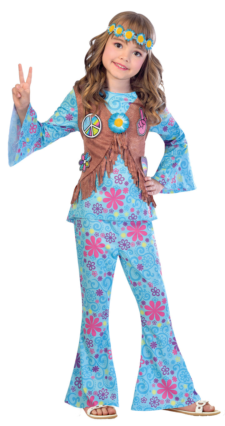 Girls Flower Power Hippie 1960s 1970s Fancy Dress Costume