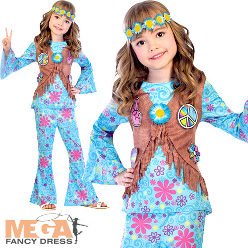 Girls Flower Power Hippie 1960s 1970s Fancy Dress Costume