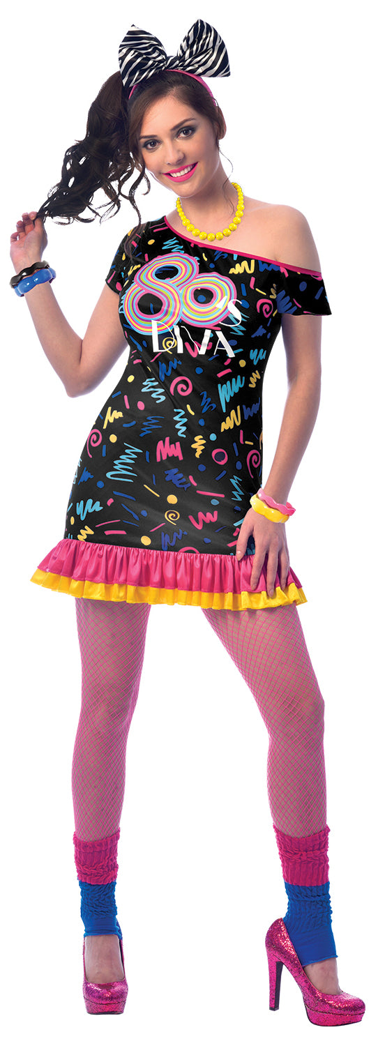 Ladies 1980s Neon Diva Groovy Disco Fancy Dress Costume