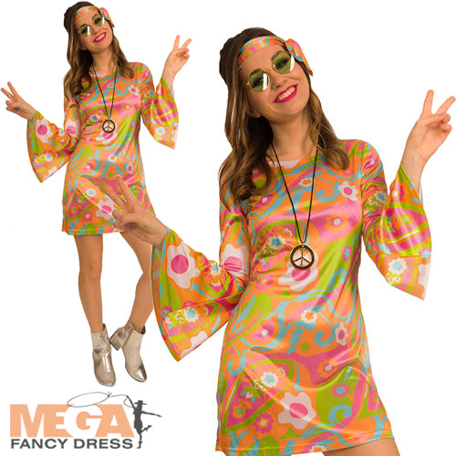Ladies 60s Groovy Hippy Babe 1960s 70s Retro Hippy Fancy Dress Costume