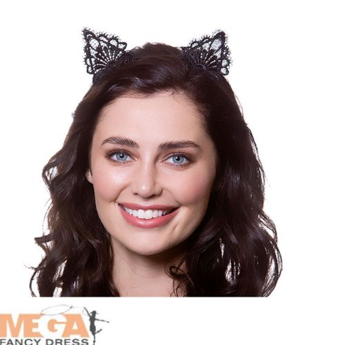 Ladies Animals Black Lace Cat Ears Fancy Dress Costume Accessory