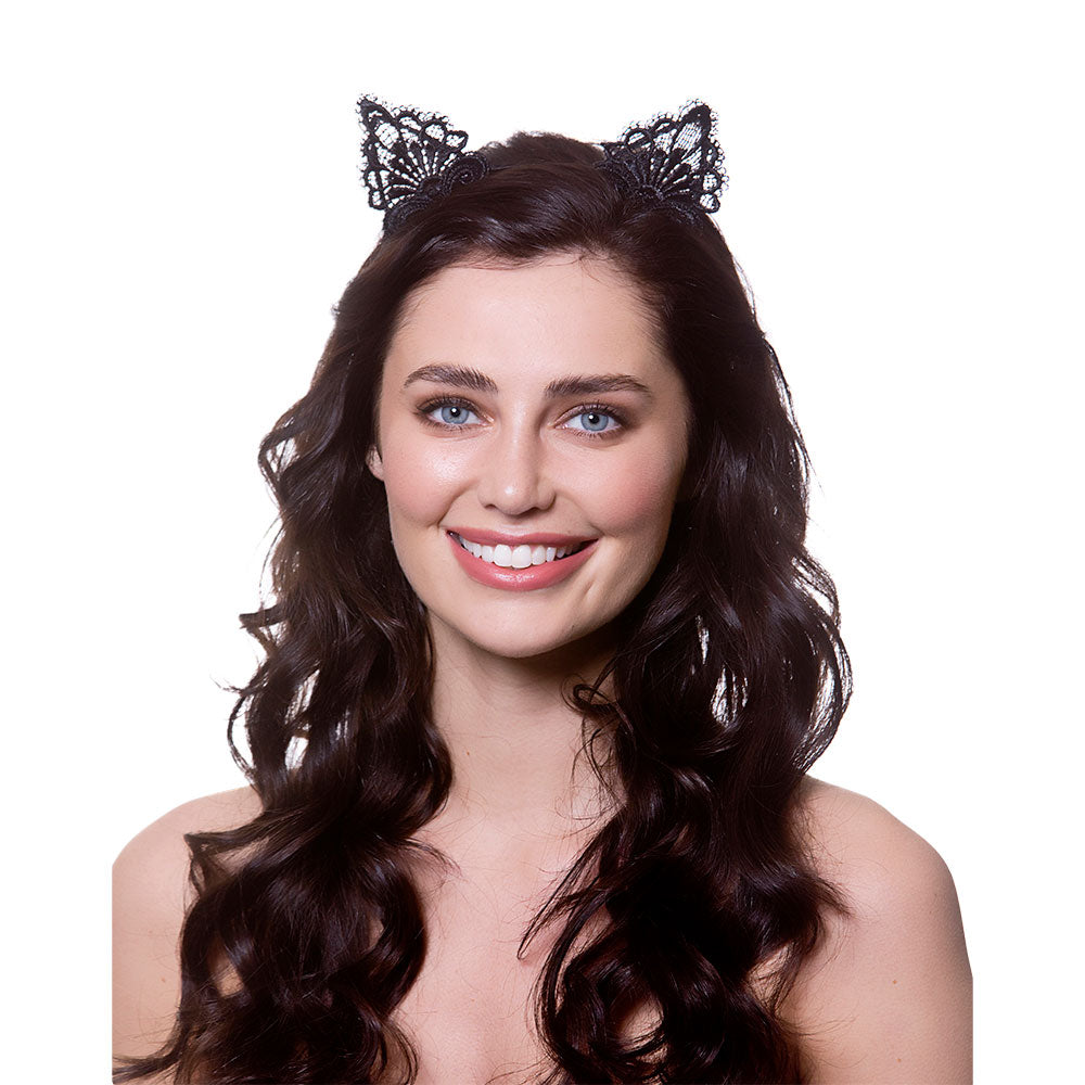 Ladies Animals Black Lace Cat Ears Fancy Dress Costume Accessory