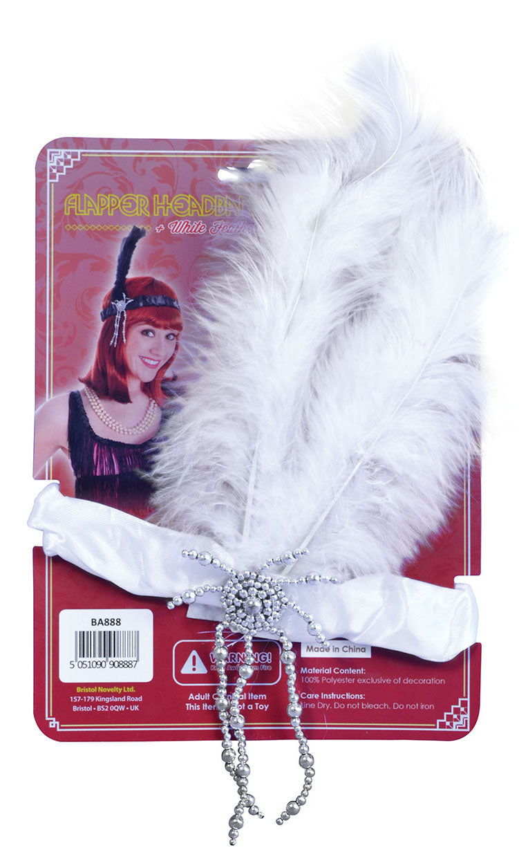 White Flapper Headband and Feathers Roaring Twenties Accessory